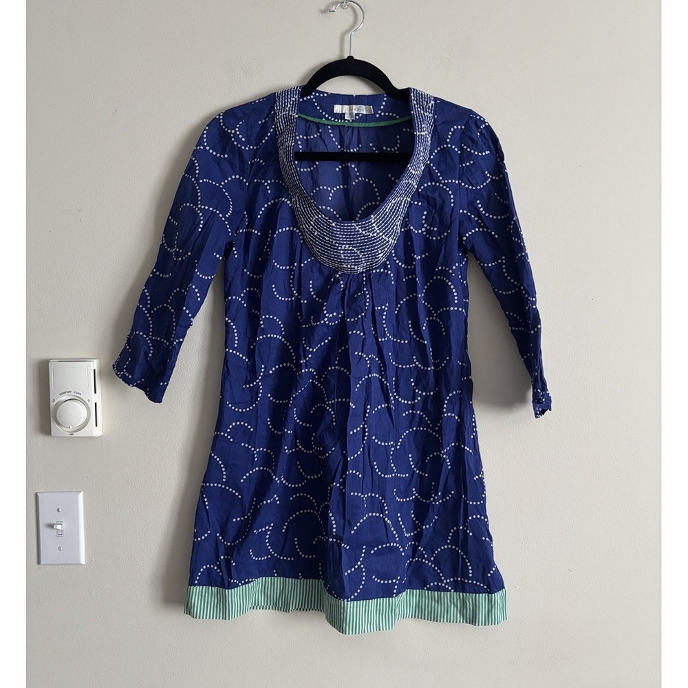 Boden Toulon Tunic Top Blue White Embroidered Scoop Neck Cotton US 4 Small Green
